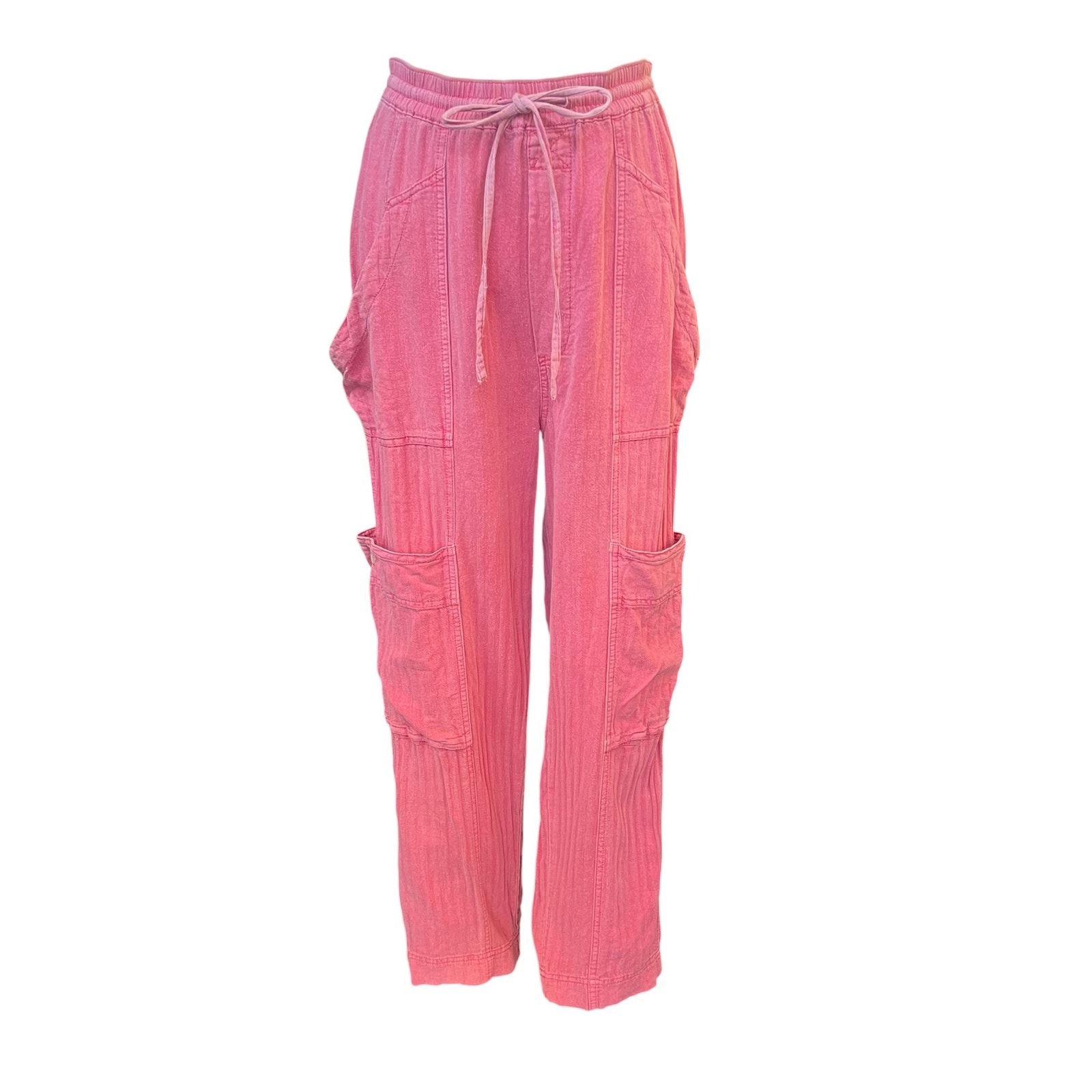 Free People Pants Womens Medium Pink Linen Blend Cargo Drawstring Wide Leg Euc